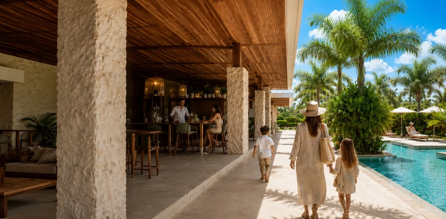 Familia disfrutando la Casa Club y las amenidades de Isla Blanca Residences